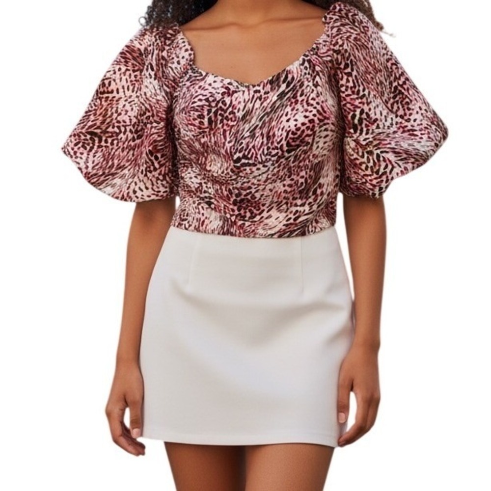 EXPRESS Pink Color Splashed Puff Sleeve Smocked Back Crop Top NWT $68 Medium